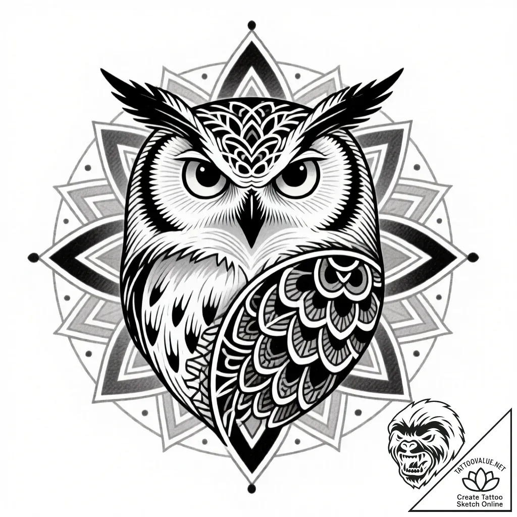Arctic owl with piercing eyes, tattoo flash s... - style Flux Inscriptions - tattoo sketch (14.11.2025 01:02)