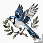 A vibrant blue jay mid-flight, carrying an ol… – style Flux Inscriptions – tattoo sketch (14.11.2025 01:43)