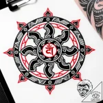 A serene buddhist prayer wheel, spiritual sym… – style Flux Inscriptions – tattoo sketch (14.11.2025 01:57)