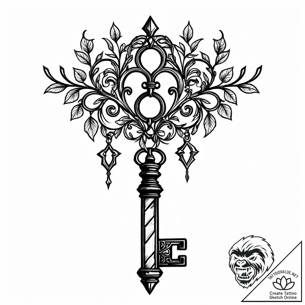 Quartz vine binding ancient key, tattoo sketc... - style Jaeger Mini - tattoo sketch (14.11.2025 02:07)