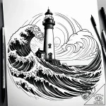Lighthouse being enveloped by a giant wave, t… – style Jaeger Simple – tattoo sketch (14.11.2025 03:22)