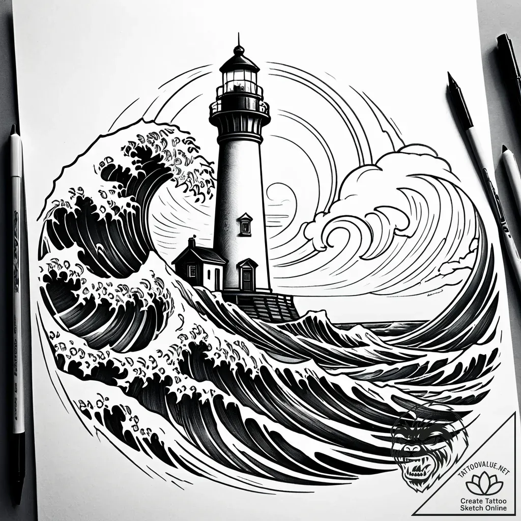 Lighthouse being enveloped by a giant wave, t... - style Jaeger Simple - tattoo sketch (14.11.2025 03:22)