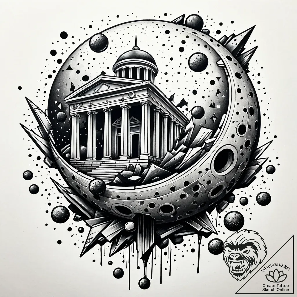 Wrecking ball demolishing a classical, beauti... - style Jaeger Simple - tattoo sketch (14.11.2025 03:42)