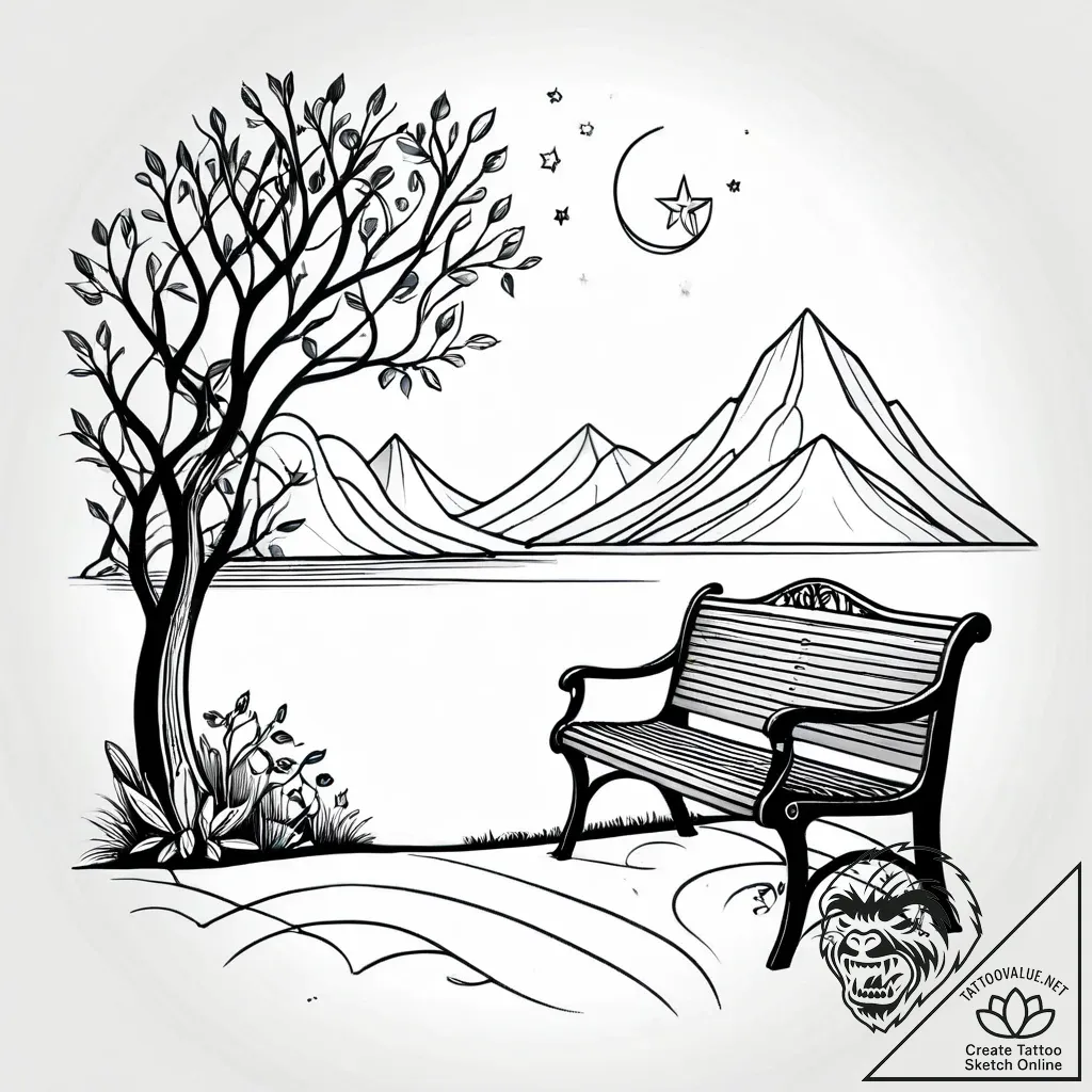Bench in a quiet park, overlooking a serene l... - style Jagger Old - tattoo sketch (14.11.2025 03:52)