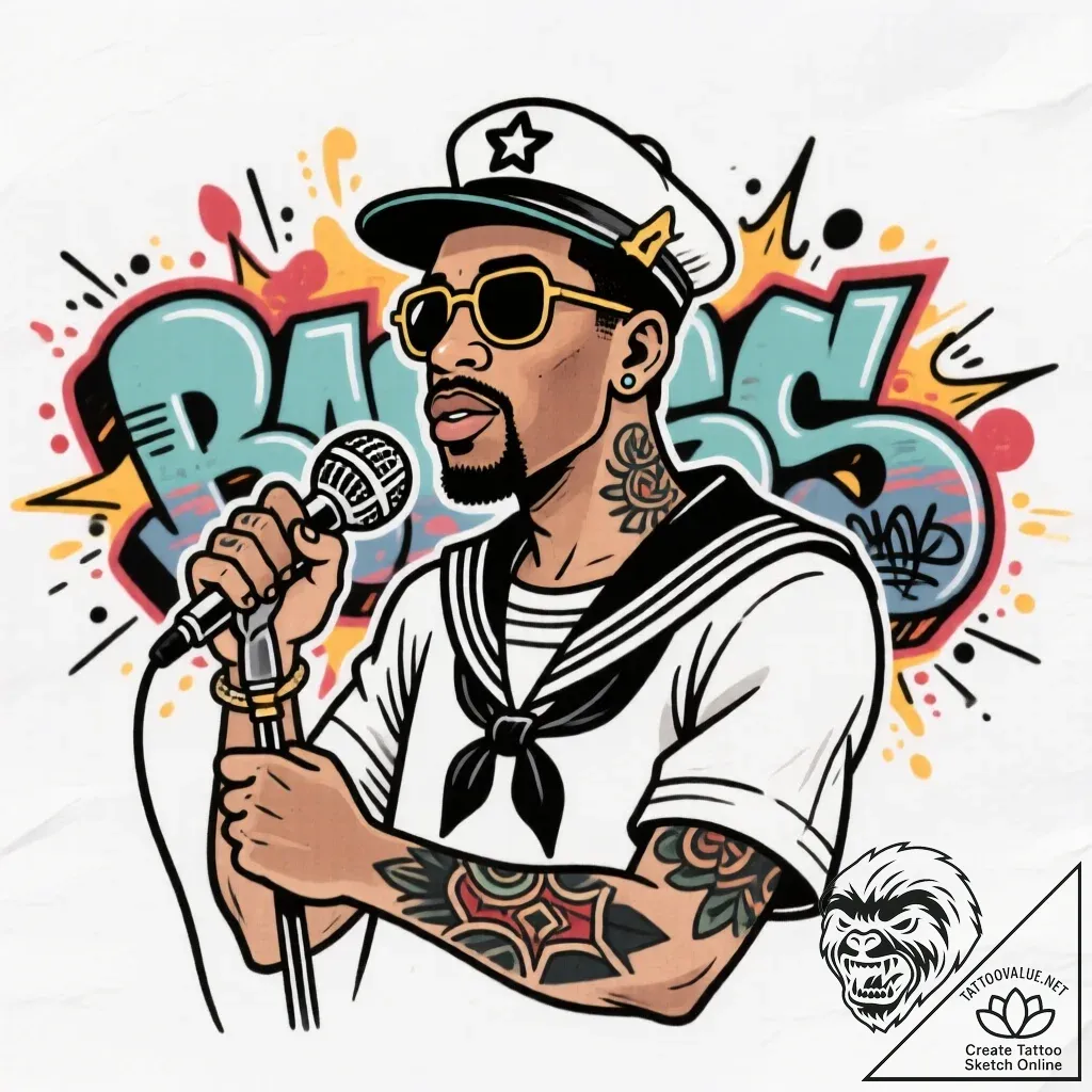 Tat tattoo sketch, rapper with microphone and... - style Flux Inscriptions - tattoo sketch (14.11.2025 04:17)