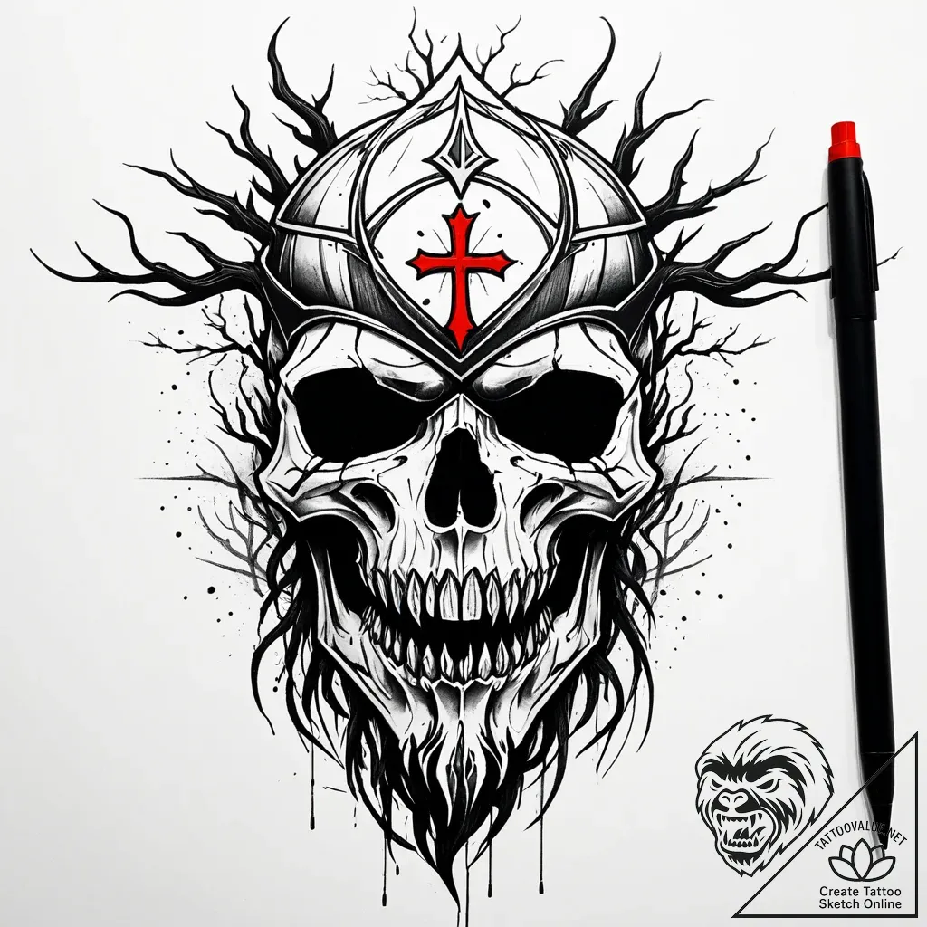 Ruined helm devoured by roots, artistic tatto... - style Jaeger Simple - tattoo sketch (14.11.2025 04:42)