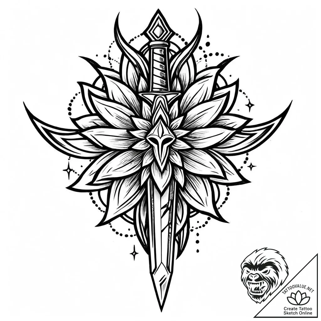 Glyph-etched dagger beneath celestial bloom,... - style Jaeger Mini - tattoo sketch (14.11.2025 05:07)