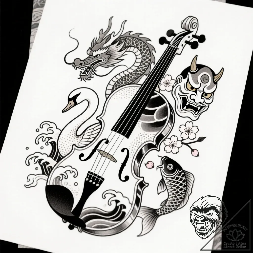 Viola instrument with f-holes shaped like gra... - style Flux Inscriptions - tattoo sketch (14.11.2025 06:37)