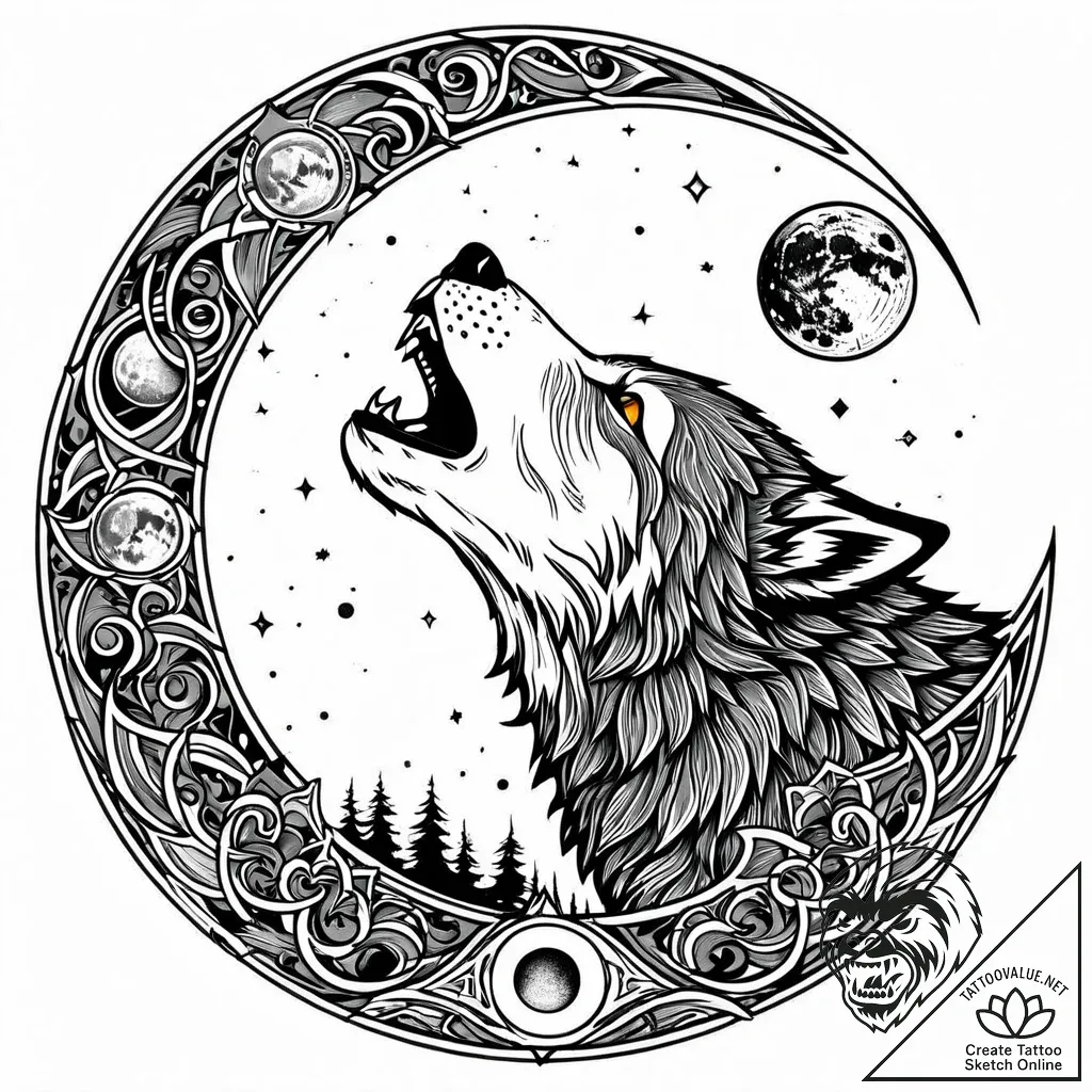 Lone wolf howling at a shattered moon, tattoo... - style Jaeger Mini - tattoo sketch (14.11.2025 07:27)