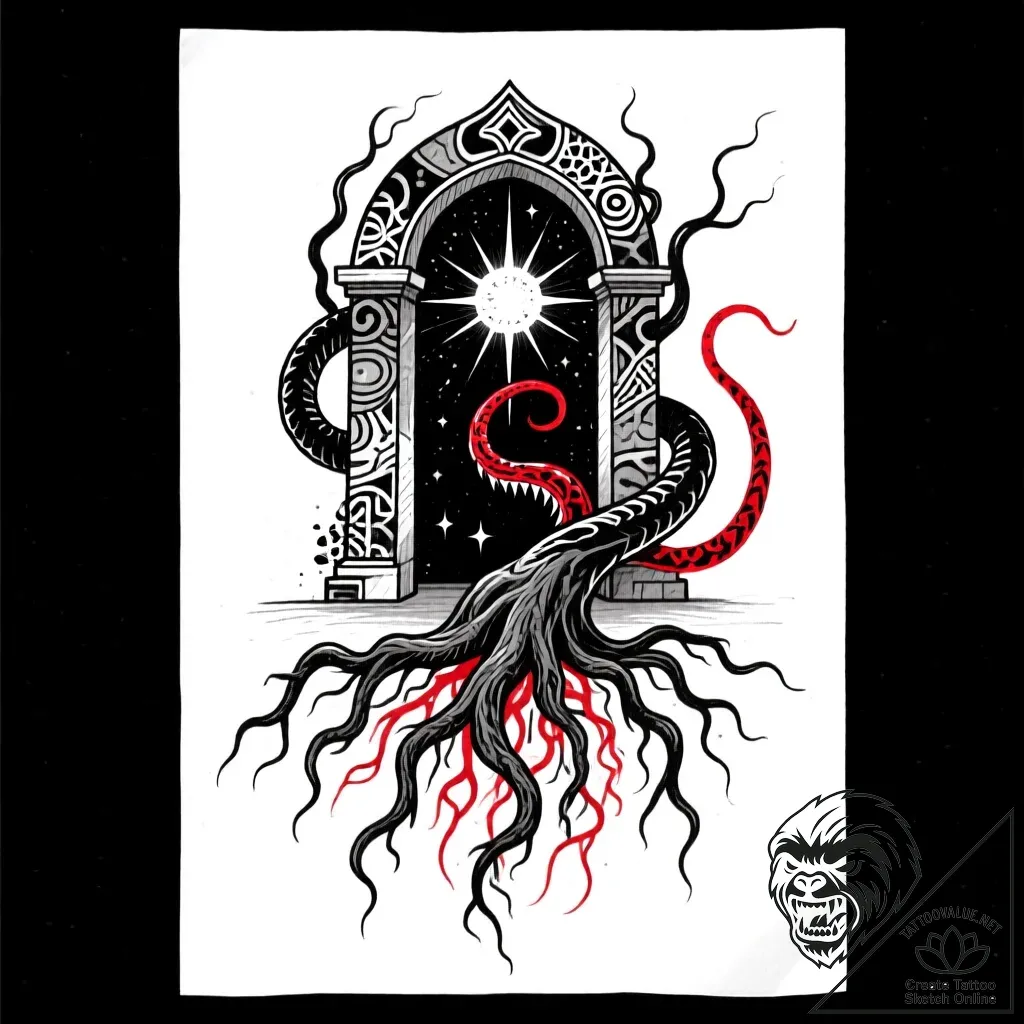 Venom roots beneath celestial gate, tattoo fl... - style Flux Inscriptions - tattoo sketch (14.11.2025 07:57)