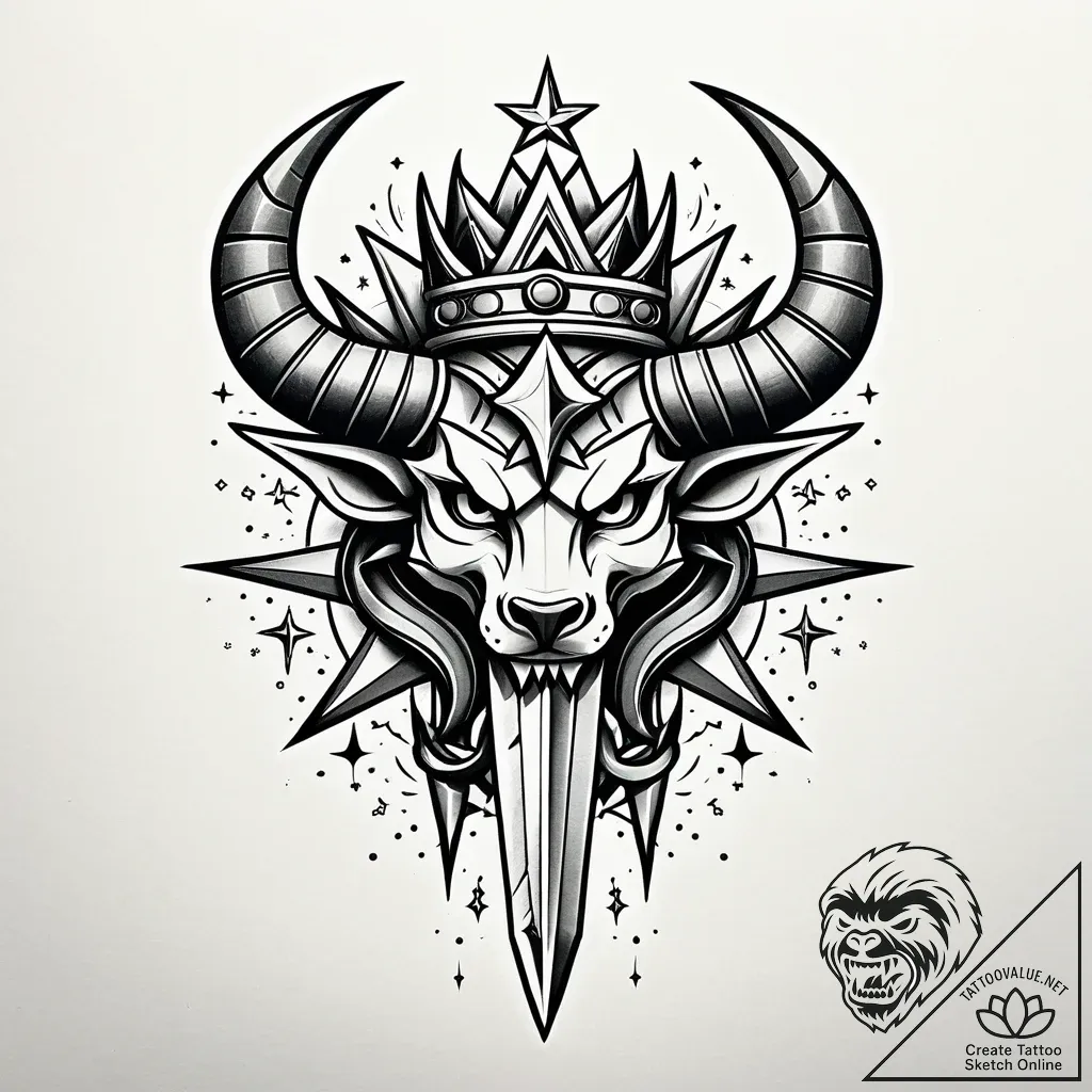 Horned dagger crowned with stars, tattoo flas... - style Jaeger Simple - tattoo sketch (14.11.2025 08:02)