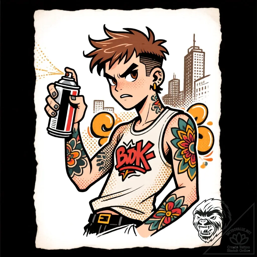 Tat tattoo sketch, rebellious youth with spra... - style Flux Inscriptions - tattoo sketch (14.11.2025 10:37)