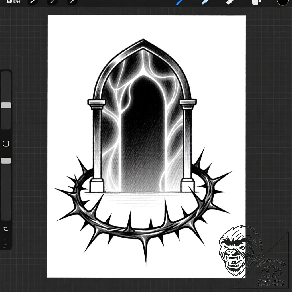 Thorned orb beneath spectral gate, tattoo fla... - style Flux Inscriptions - tattoo sketch (14.11.2025 10:57)