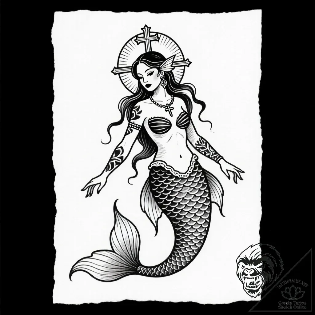Mermaid, tattoo sketch design, black and whit... - style Flux Inscriptions - tattoo sketch (14.11.2025 11:57)