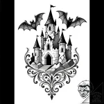 Castle crumbling into a flock of bats, tattoo… – style Flux Inscriptions – tattoo sketch (14.11.2025 12:17)