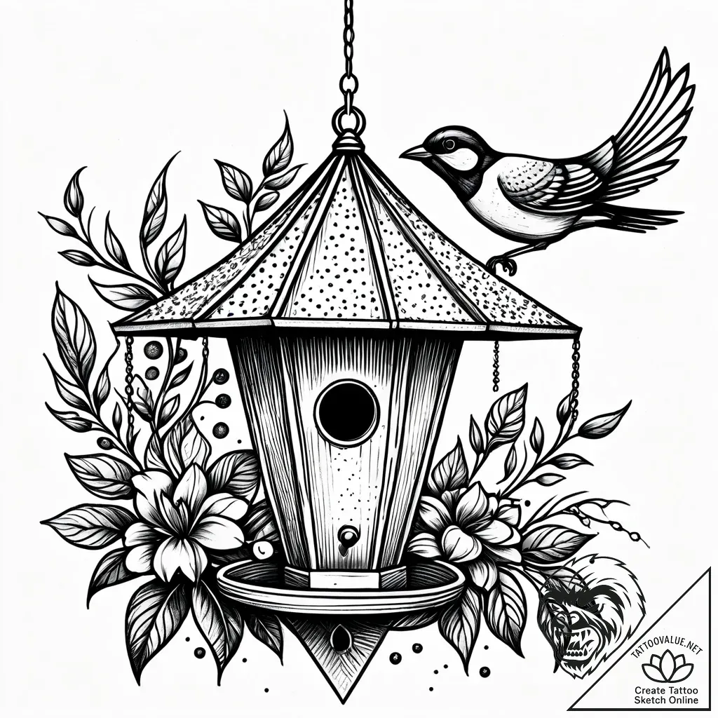 A whimsical bird feeder, nurturing,, ink illu... - style Jaeger Simple - tattoo sketch (14.11.2025 13:02)
