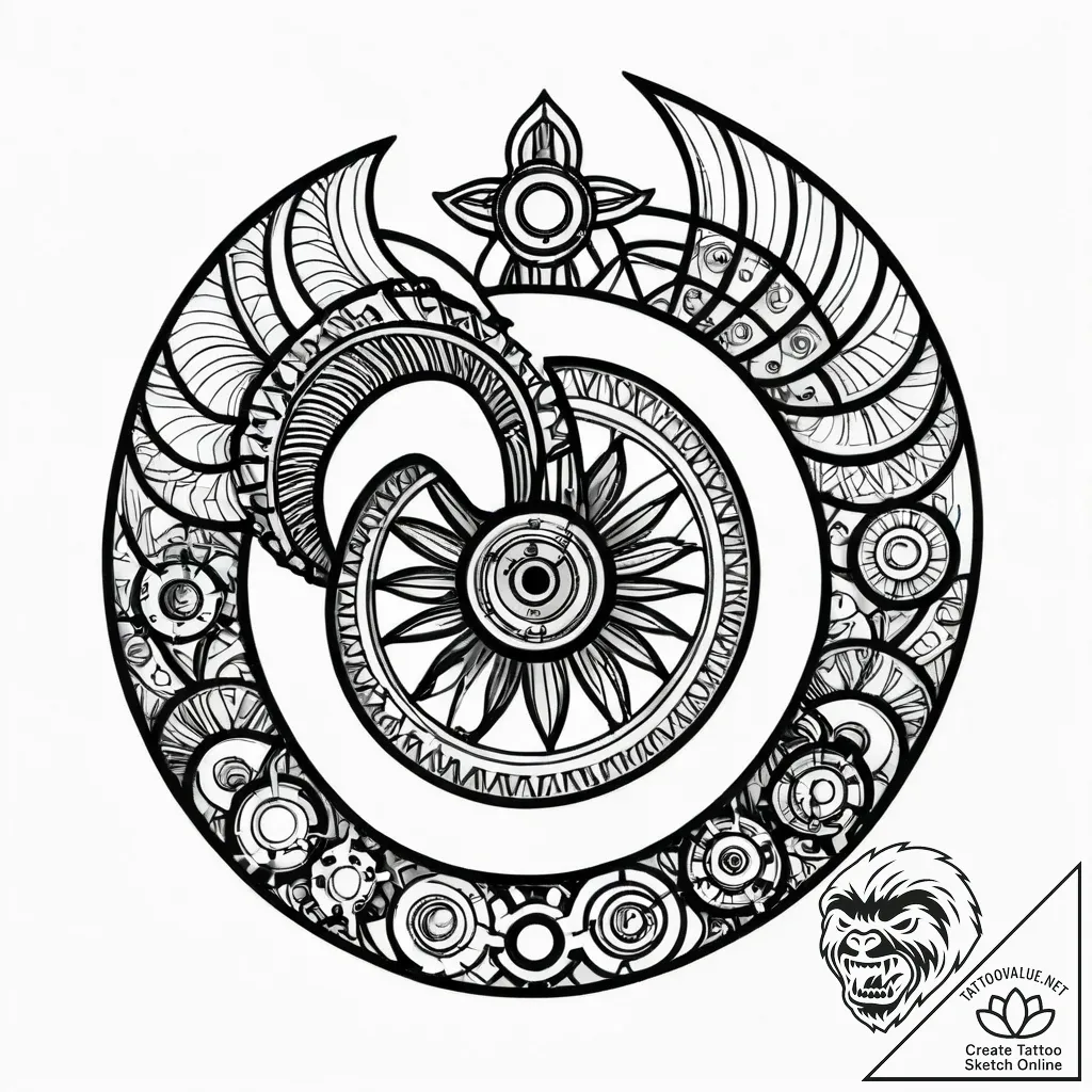 Ammonite fossil unfurling into a complex, mec... - style Jagger Old - tattoo sketch (14.11.2025 13:12)