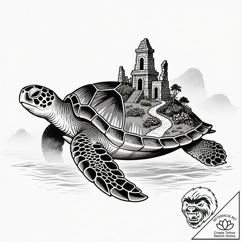 Island turtle carrying a lost civilization on... - style Flux Inscriptions - tattoo sketch (14.11.2025 13:17)