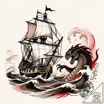 Galleon ship caught in a maelstrom, fighting… – style Flux Inscriptions – tattoo sketch (14.11.2025 13:37)