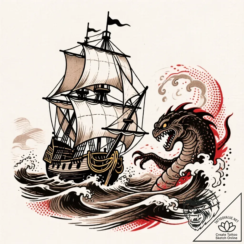 Galleon ship caught in a maelstrom, fighting... - style Flux Inscriptions - tattoo sketch (14.11.2025 13:37)