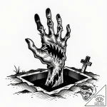 Zombie hand bursting from a grave, ink illust… – style Flux Inscriptions – tattoo sketch (14.11.2025 13:57)