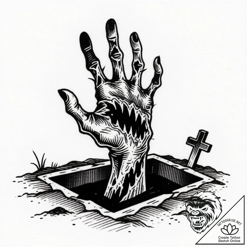 Zombie hand bursting from a grave, ink illust... - style Flux Inscriptions - tattoo sketch (14.11.2025 13:57)