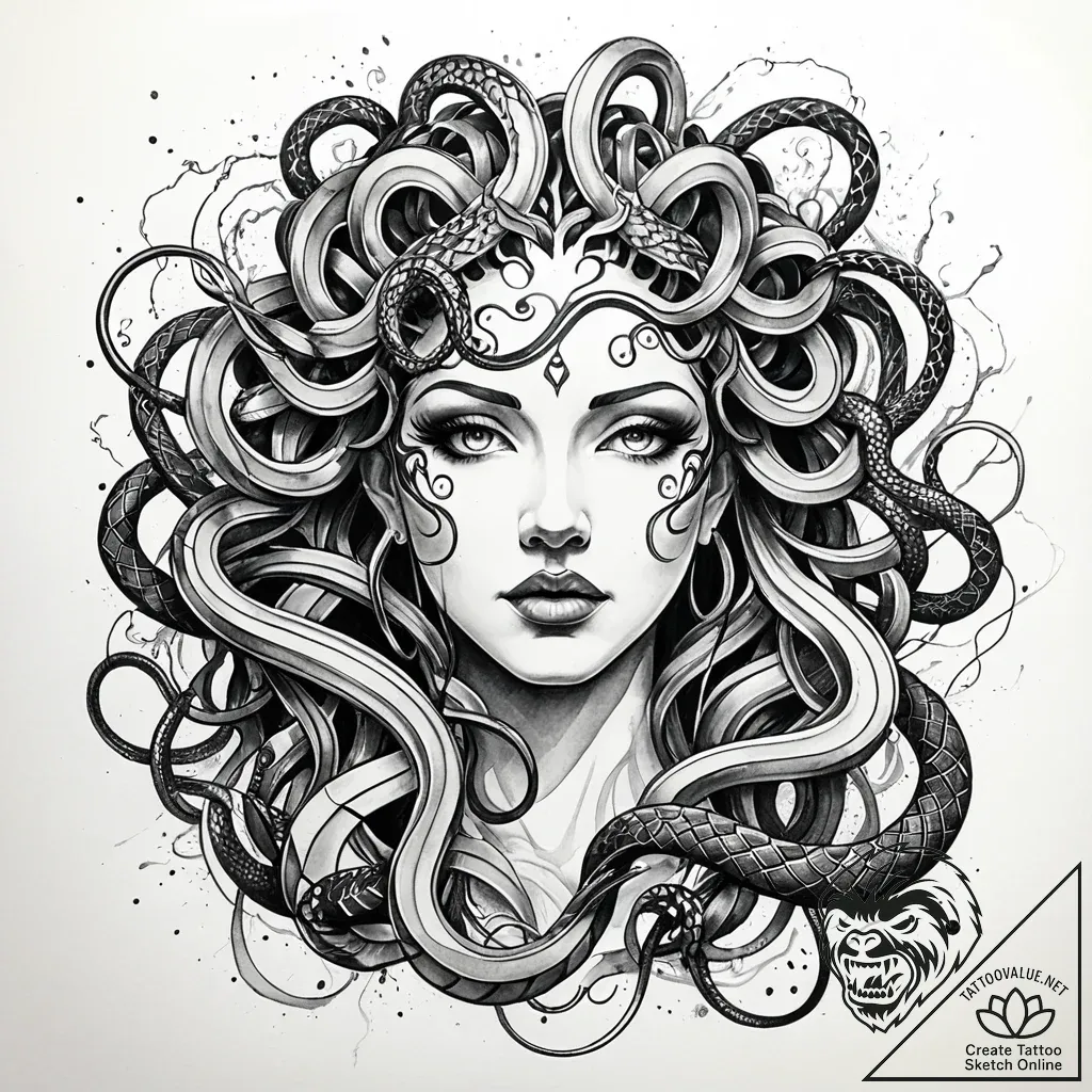 Medusa with snakes made of wires, tattoo draw... - style Jaeger Simple - tattoo sketch (14.11.2025 14:42)
