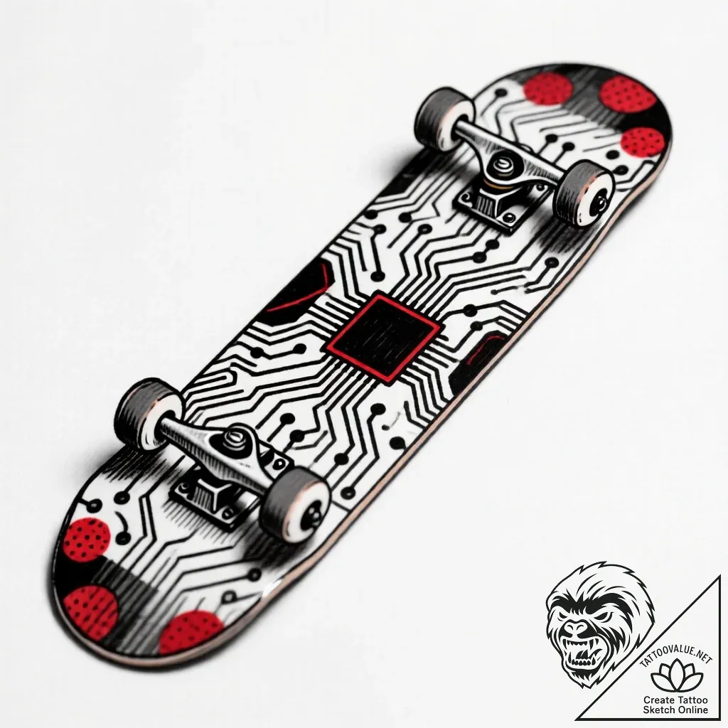 Skateboard deck with a circuit board design,... - style Flux Inscriptions - tattoo sketch (14.11.2025 16:07)