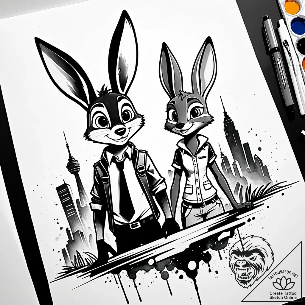 Tattoo sketch, nick and judy silhouette with... - style Jaeger Simple - tattoo sketch (14.11.2025 17:37)