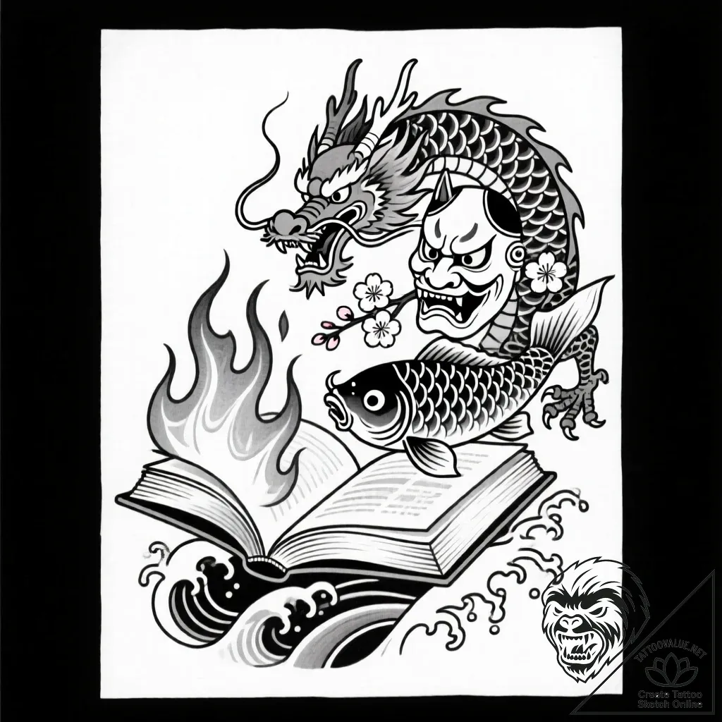 A powerful burning book with pages flying, kn... - style Flux Inscriptions - tattoo sketch (14.11.2025 18:07)