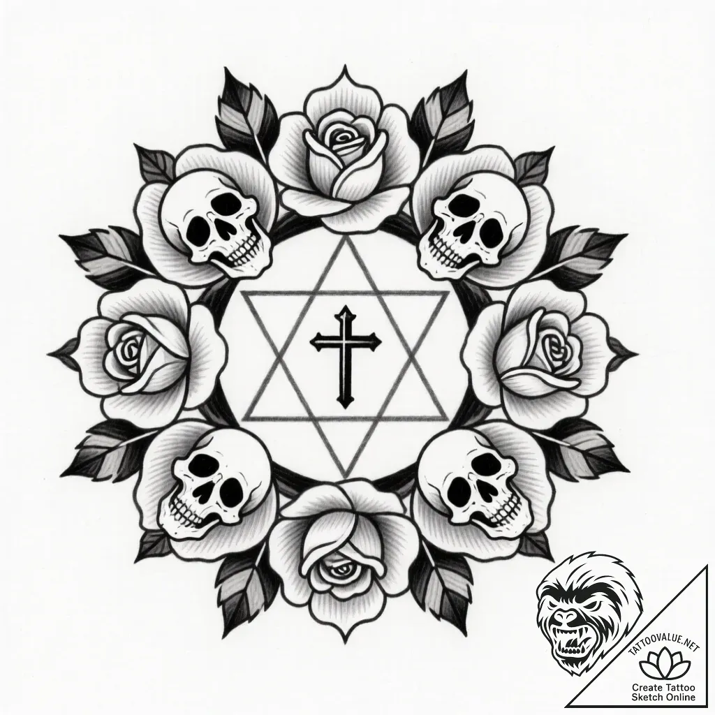 Tat tattoo sketch, floral mandala combining s... - style Flux Inscriptions - tattoo sketch (14.11.2025 18:47)