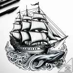 Sailing ship navigating the back of a giant w… – style Jaeger Simple – tattoo sketch (14.11.2025 20:17)