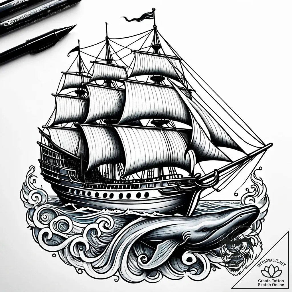 Sailing ship navigating the back of a giant w... - style Jaeger Simple - tattoo sketch (14.11.2025 20:17)
