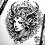 Storm horns beneath burning sky, ink illustra… – style Jaeger Simple – tattoo sketch (14.11.2025 22:17)