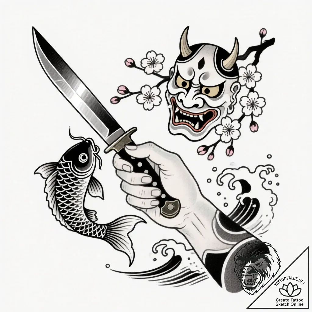 Knife held by spectral hand, tattoo drawing o... - style Flux Inscriptions - tattoo sketch (14.11.2025 23:27)