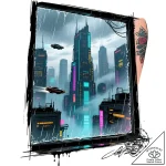 A window looking out onto a cyberpunk city – style Flux Inscriptions – tattoo sketch (15.11.2025 00:47)