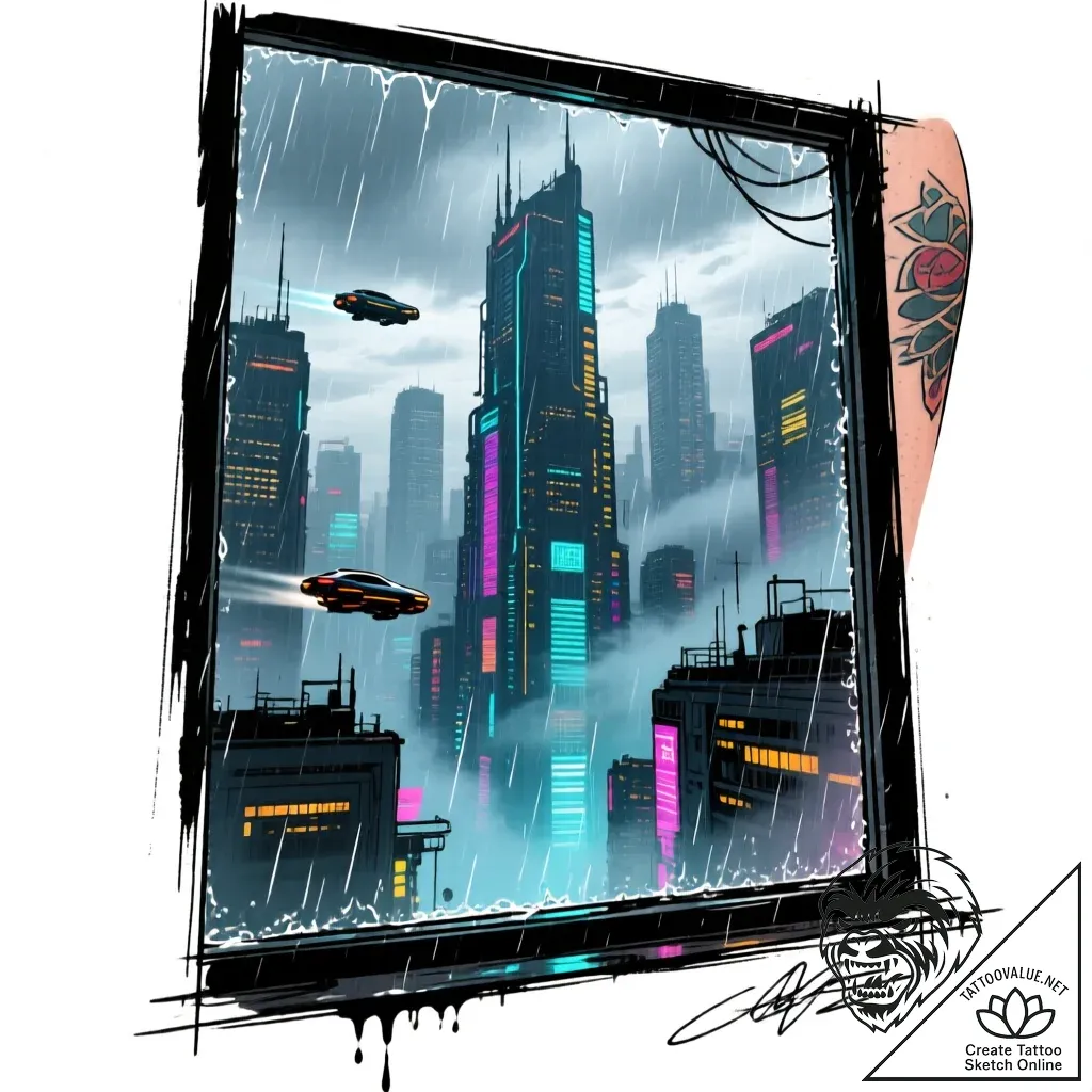 A window looking out onto a cyberpunk city - style Flux Inscriptions - tattoo sketch (15.11.2025 00:47)