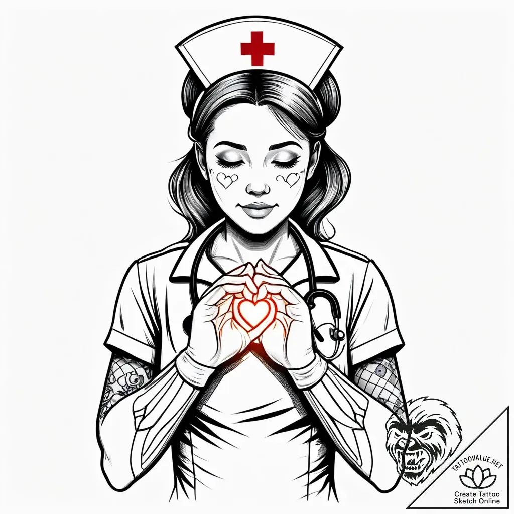 Tat tattoo sketch, nurse silhouette with glow... - style Jaeger Simple - tattoo sketch (15.11.2025 00:57)