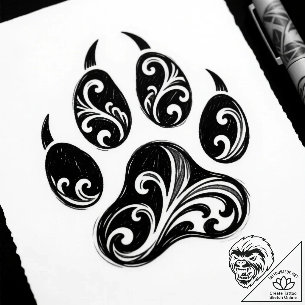 Tattoo sketch, max silhouette with paw prints... - style Flux Inscriptions - tattoo sketch (15.11.2025 01:27)