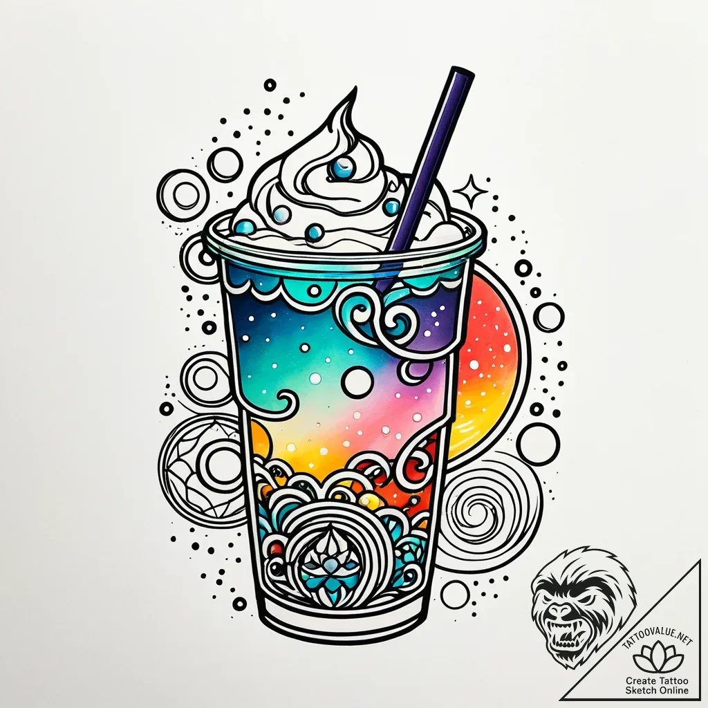 Boba tea cup with planets instead of tapioca... - style Jaeger Simple - tattoo sketch (15.11.2025 01:37)