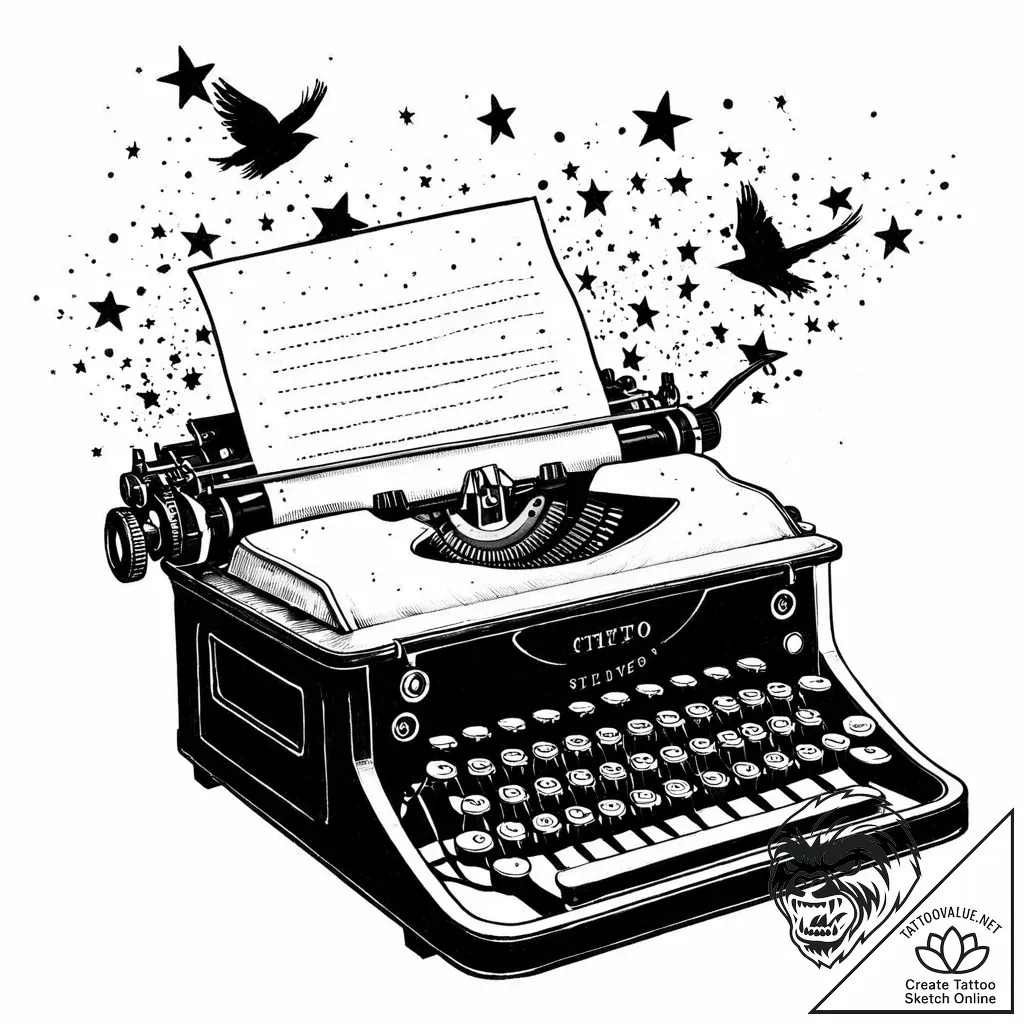 Tat tattoo sketch, typewriter with ink splatt... - style Jaeger Mini - tattoo sketch (15.11.2025 01:46)