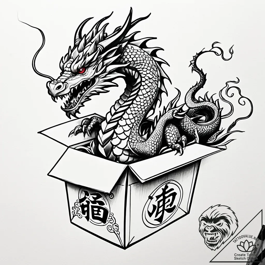 Chinese takeout box with a dragon emerging fr... - style Jaeger Simple - tattoo sketch (15.11.2025 03:37)