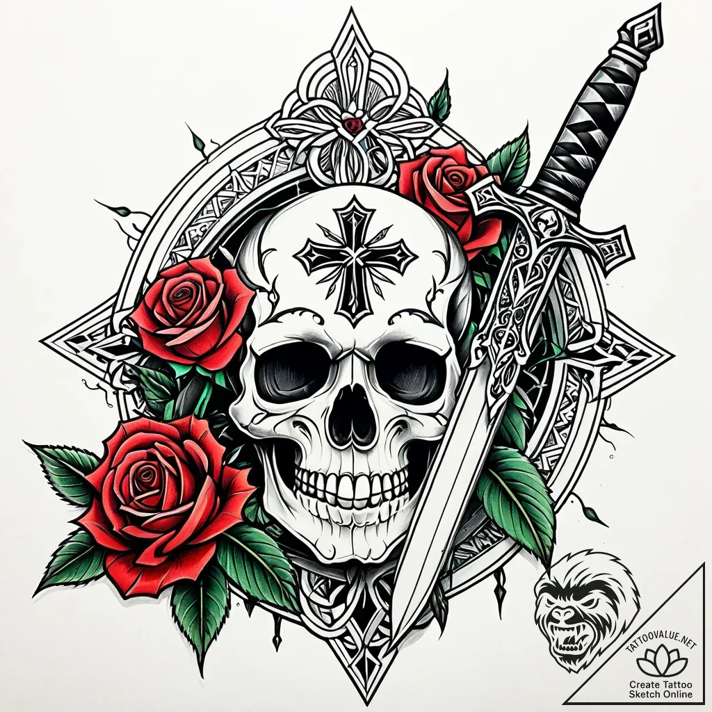 Dagger fused with bone, tattoo drawing outlin... - style Jaeger Simple - tattoo sketch (15.11.2025 06:17)