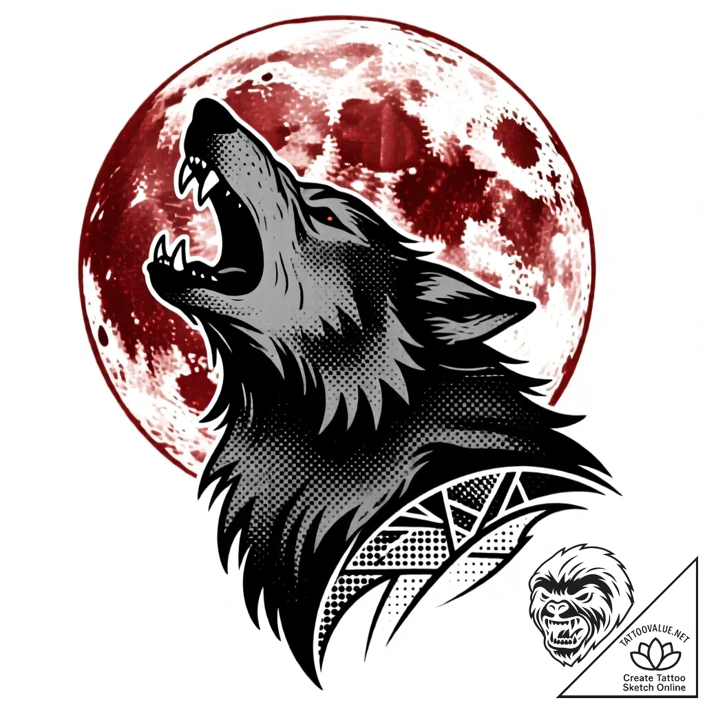 Werewolf howling at a blood moon, tattoo flas... - style Flux Inscriptions - tattoo sketch (15.11.2025 06:47)