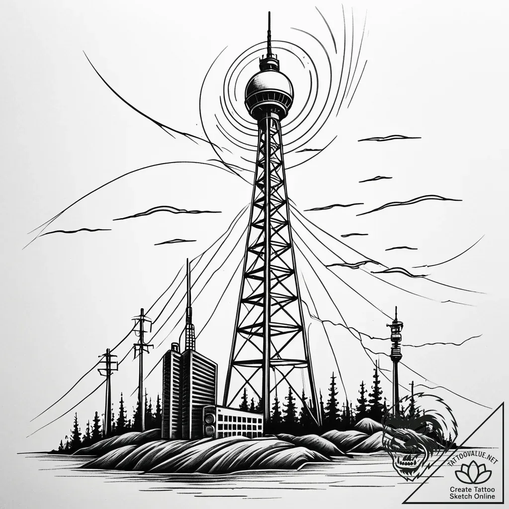 Radio tower broadcasting visible waves of sta... - style Jaeger Simple - tattoo sketch (15.11.2025 06:57)