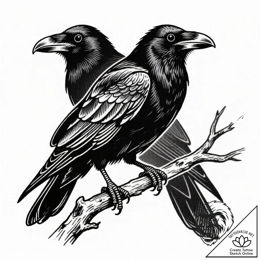 Three-eyed raven perched on a branch, tattoo... - style Flux Inscriptions - tattoo sketch (15.11.2025 07:27)