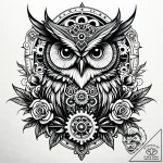 Steampunk owl with gear-feathers, ink illustr… – style Jaeger Simple – tattoo sketch (15.11.2025 08:17)