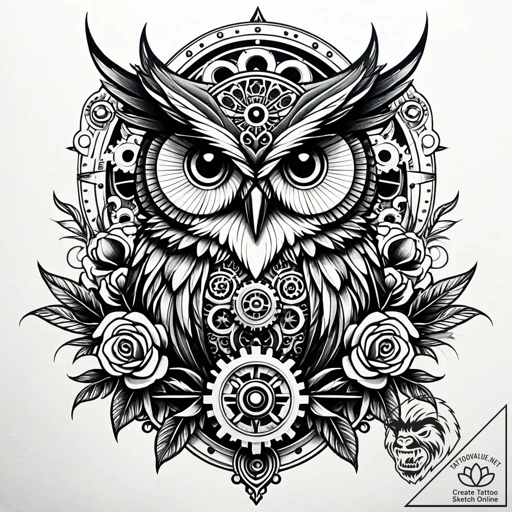 Steampunk owl with gear-feathers, ink illustr... - style Jaeger Simple - tattoo sketch (15.11.2025 08:17)