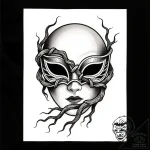 Mask bound in iron roots, tattoo drawing outl… – style Flux Inscriptions – tattoo sketch (15.11.2025 08:47)