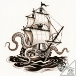 Giant squid pulling a galleon into the abyss,… – style Flux Inscriptions – tattoo sketch (15.11.2025 11:27)